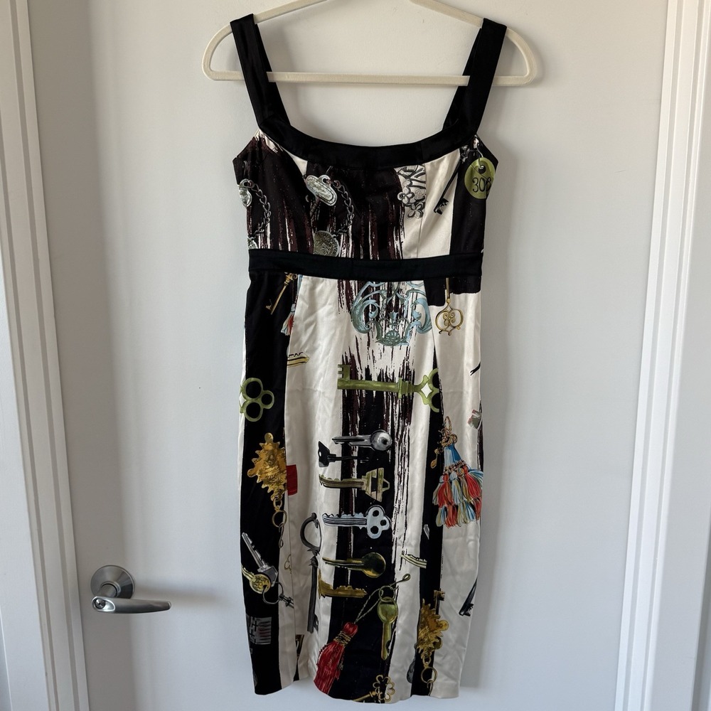 VTG Diane von Furstenberg DVF Dress 4 Silk 2000s Key Tassel Print Satin Trim Y2K